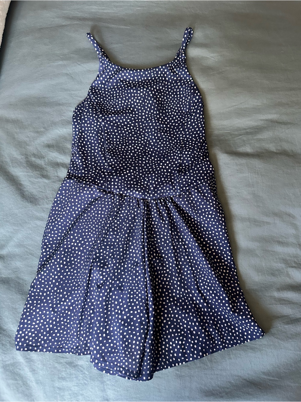Girls All In Motion Navy Blue and White Polka Dot Jumpsuit Romper Large 10/12